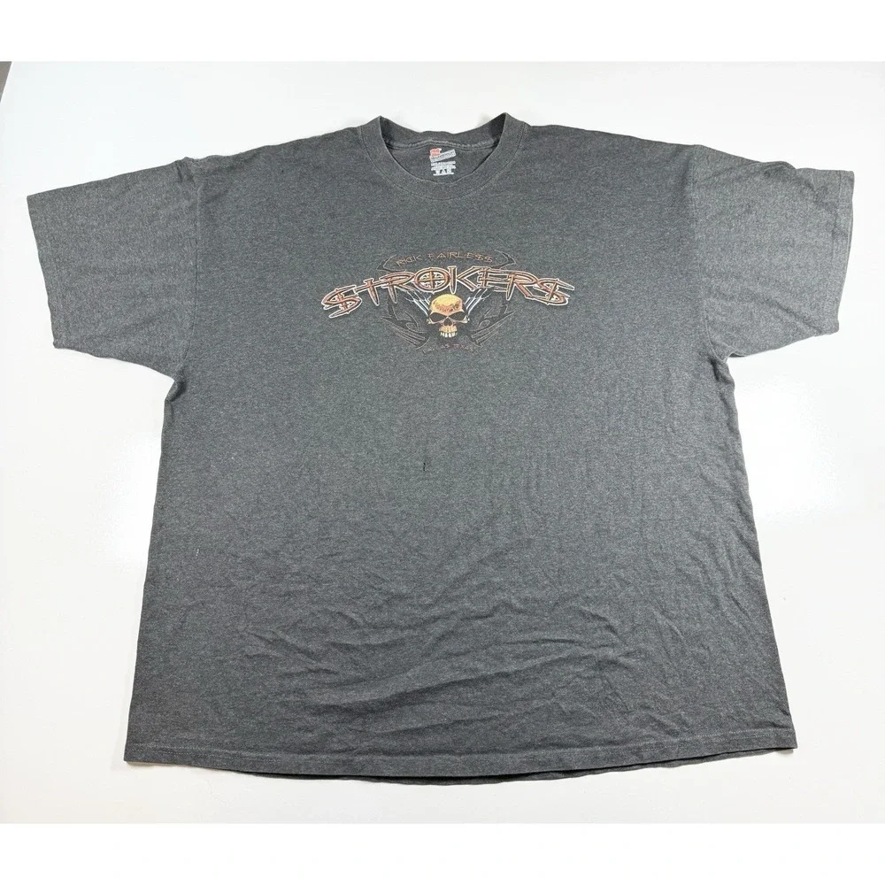 Strokers‎ Dallas Rick Fairless Skull Men's 2XL Bike Graphic Tee Gray Hanes Y2K